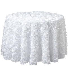 Satin 132" Round Tablecloth White - Grandiose 3D Rosette Design with Seamless Finish for Chic Occasions