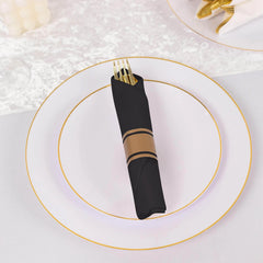 Set of 24 Gold Plastic Silverware with Pre-Rolled Black Paper Napkins - Disposable Wrapped Fork, Spoon, and Knife Set