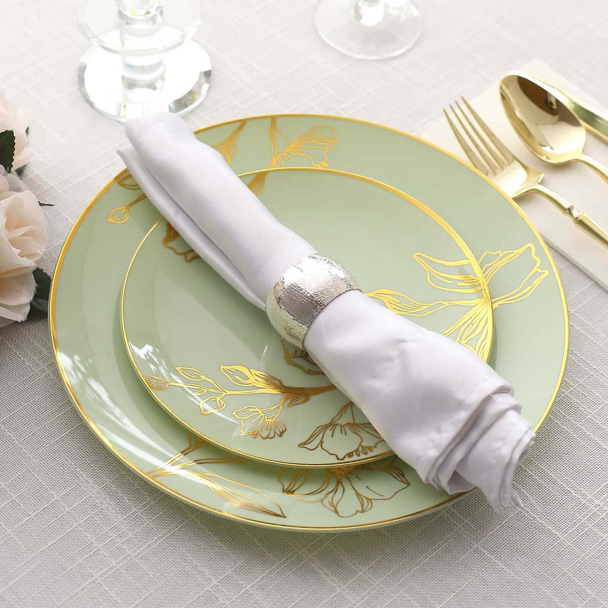 Set of 20 Plastic Round Dinner and Dessert Plates in Sage Green with Metallic Gold Floral Design - Stylish Disposable Dinnerware 8", 10"